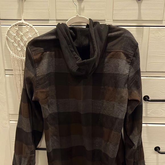 Medium Flannel with Hood, brown black and gray with chest pockets - Picture 2 of 3